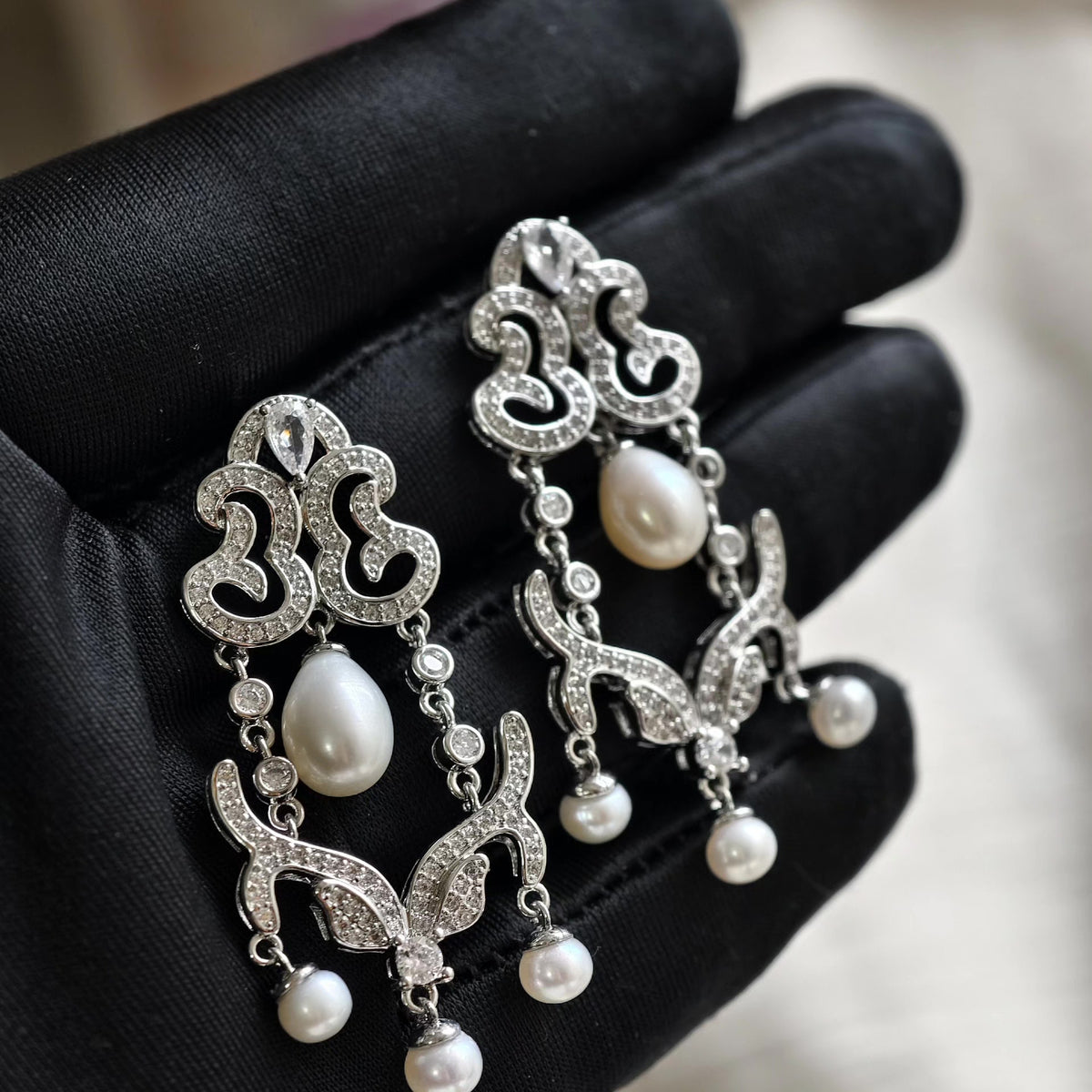 Silver Toned Chandelier Earrings with Natural Pearl