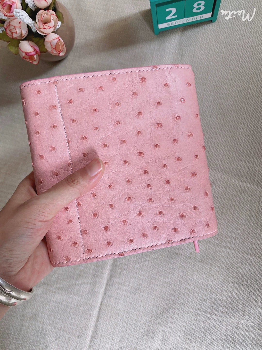 Pink Ostrich Leather Trifold Journal Cover