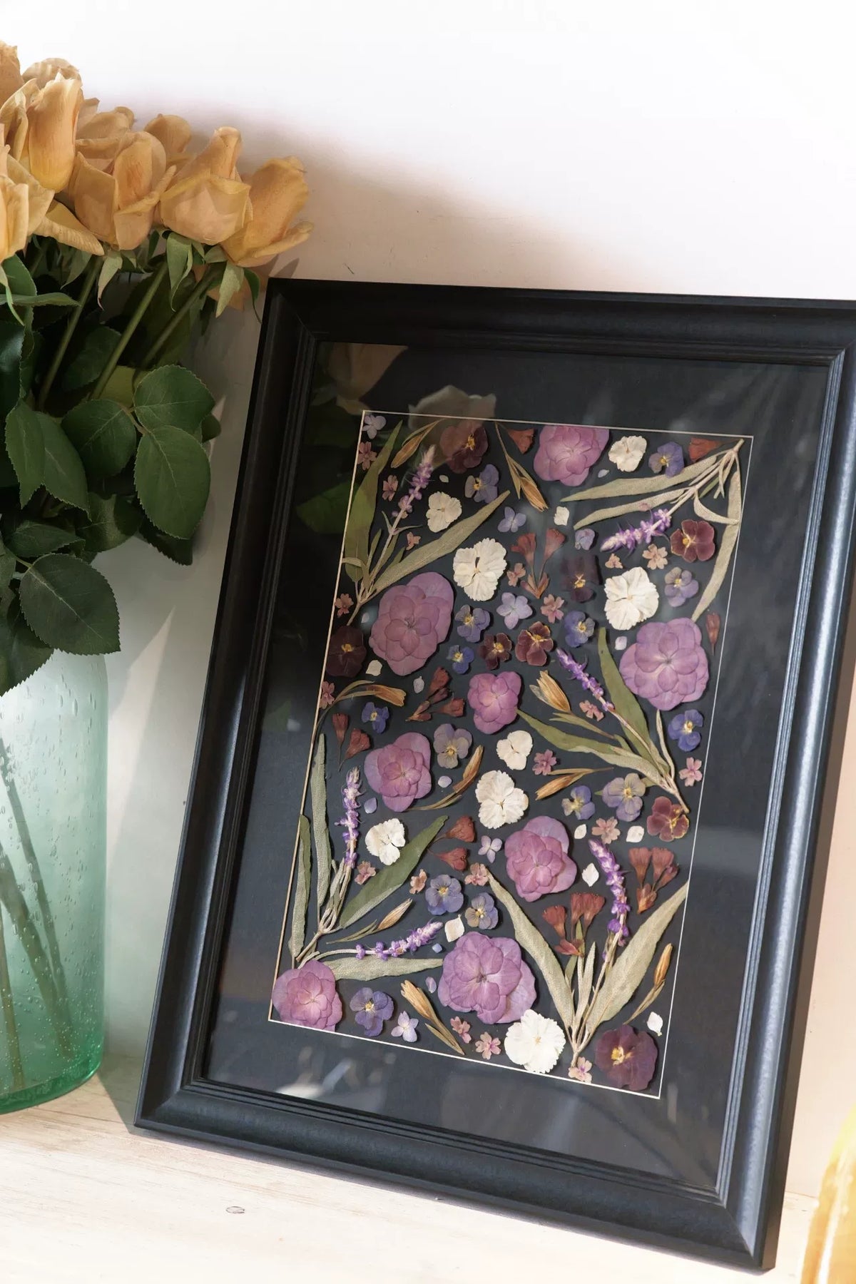 Arte de Flores Prensadas Emoldurada 16 Polegadas