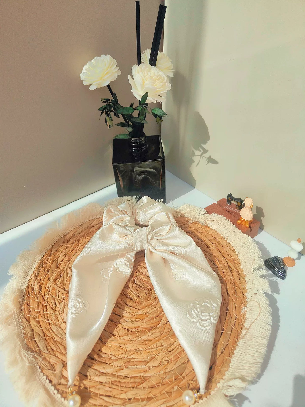 Creamy White Satin Camellia Bow Hair Tie