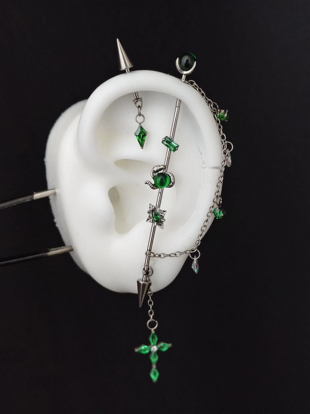 Titanium Alloy Ear Bridge Set with Green Gems