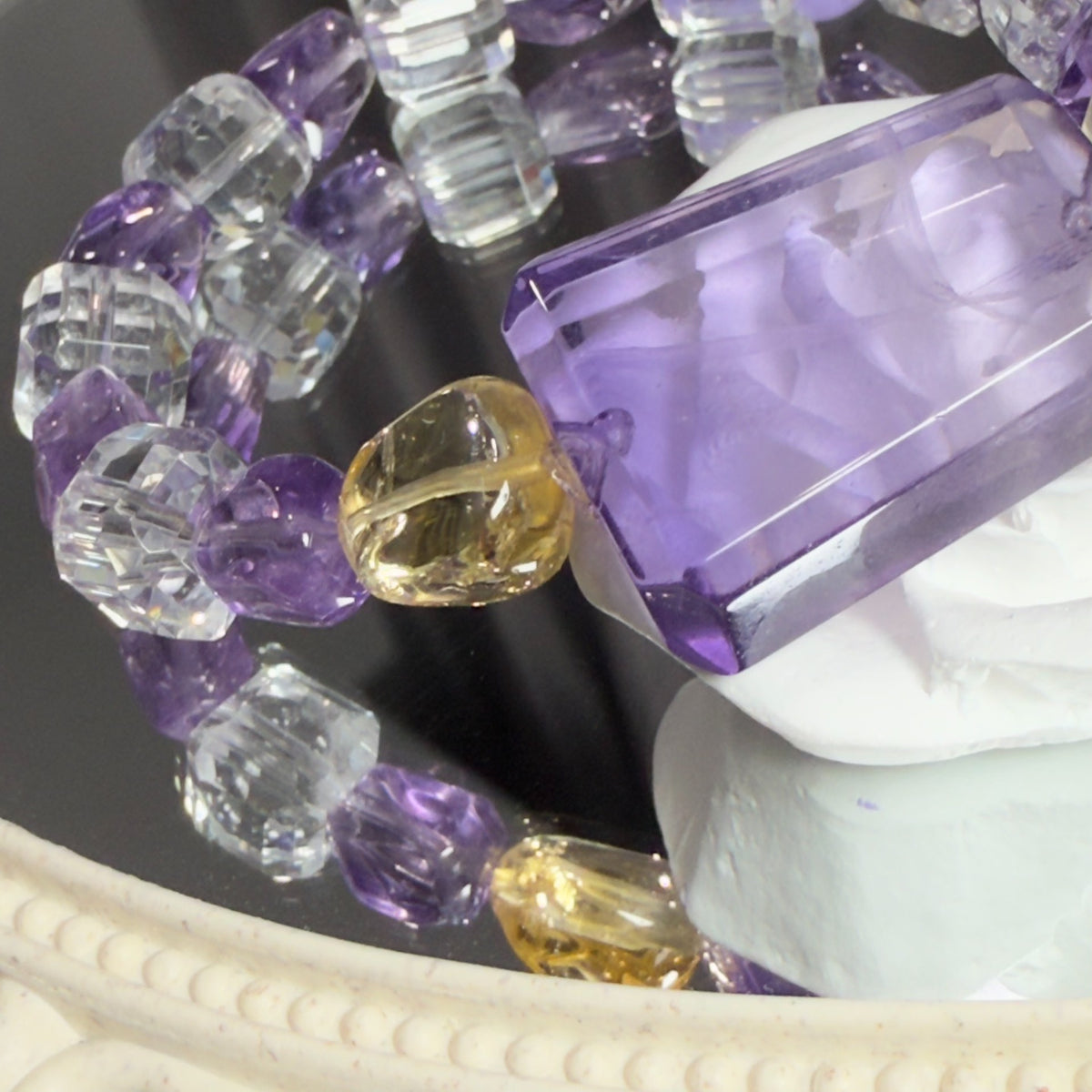 Pulseira de Contas de Ametista, Citrino e Quartzo Transparente Cube
