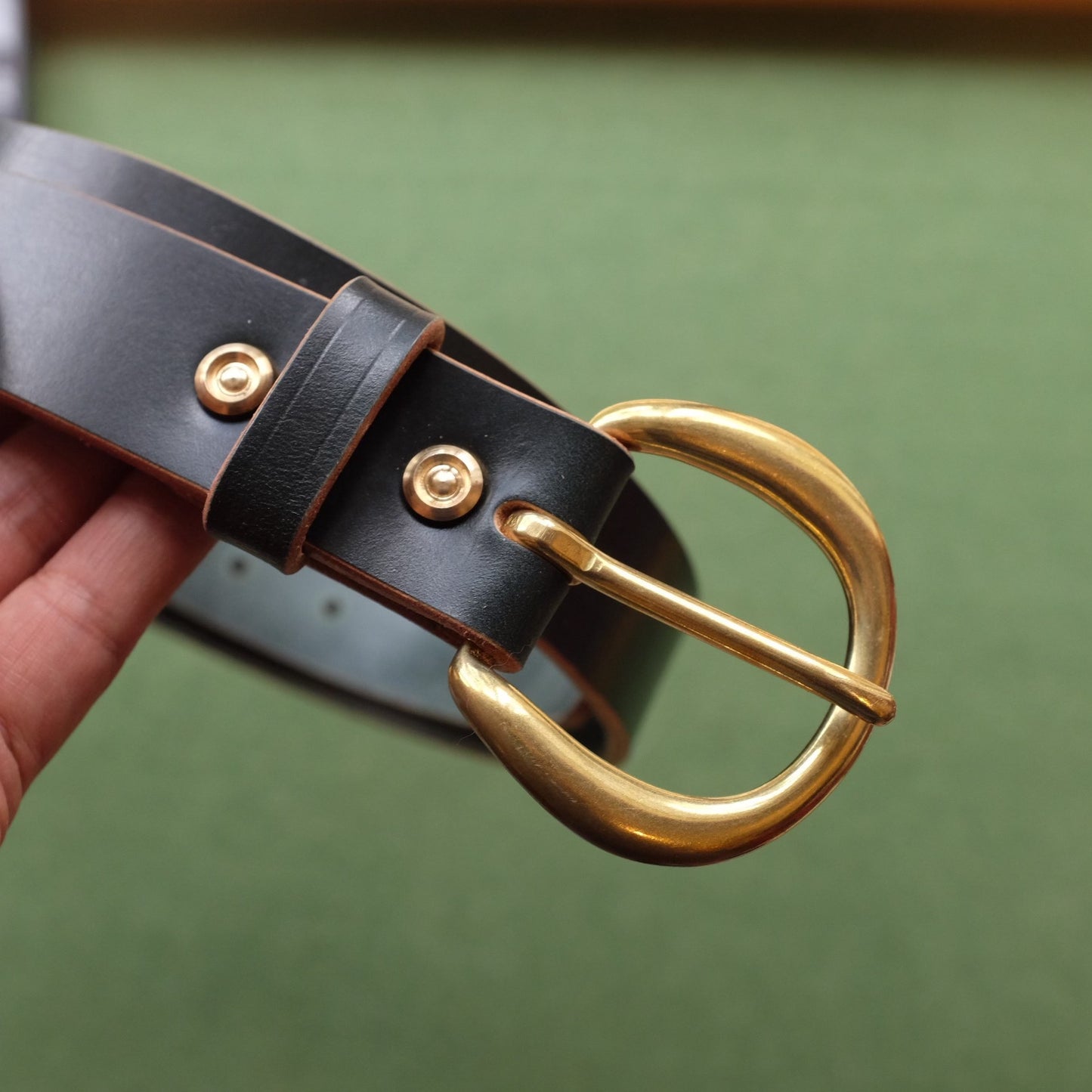 Dark Leather Belt with Brass Oval Buckle