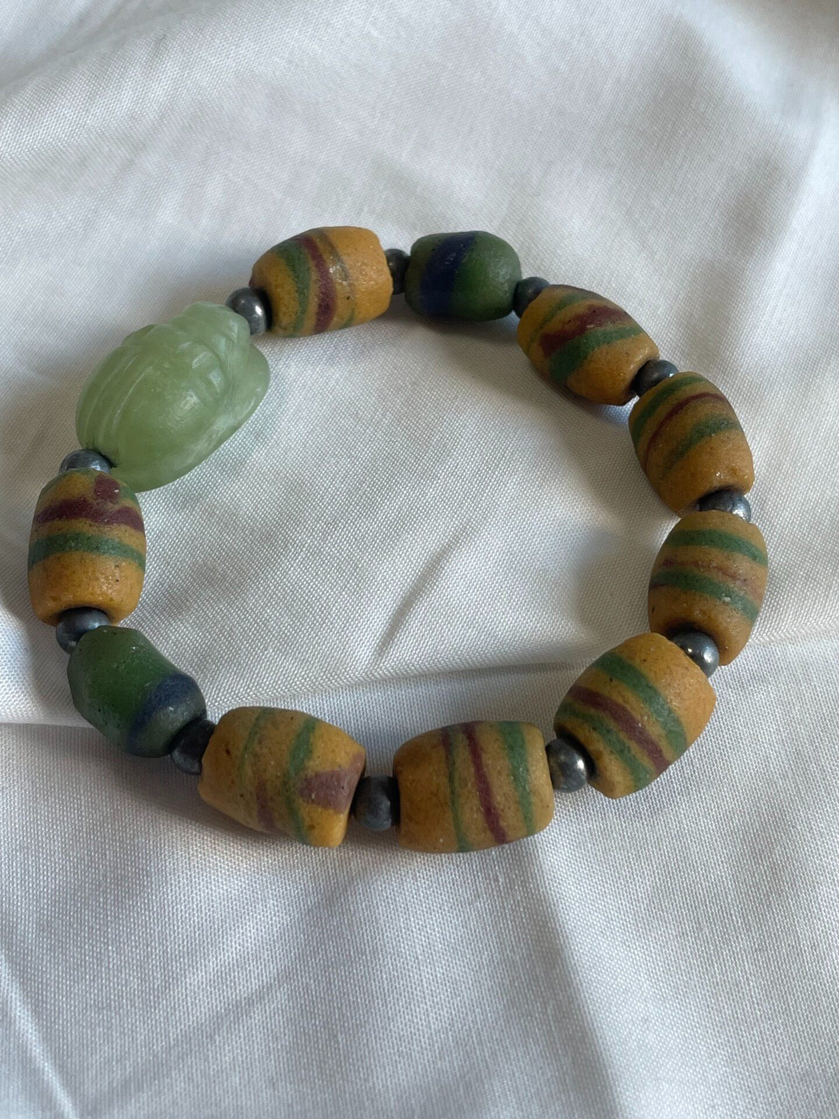 Beaded Bracelet with Carved Green Scarab Bead