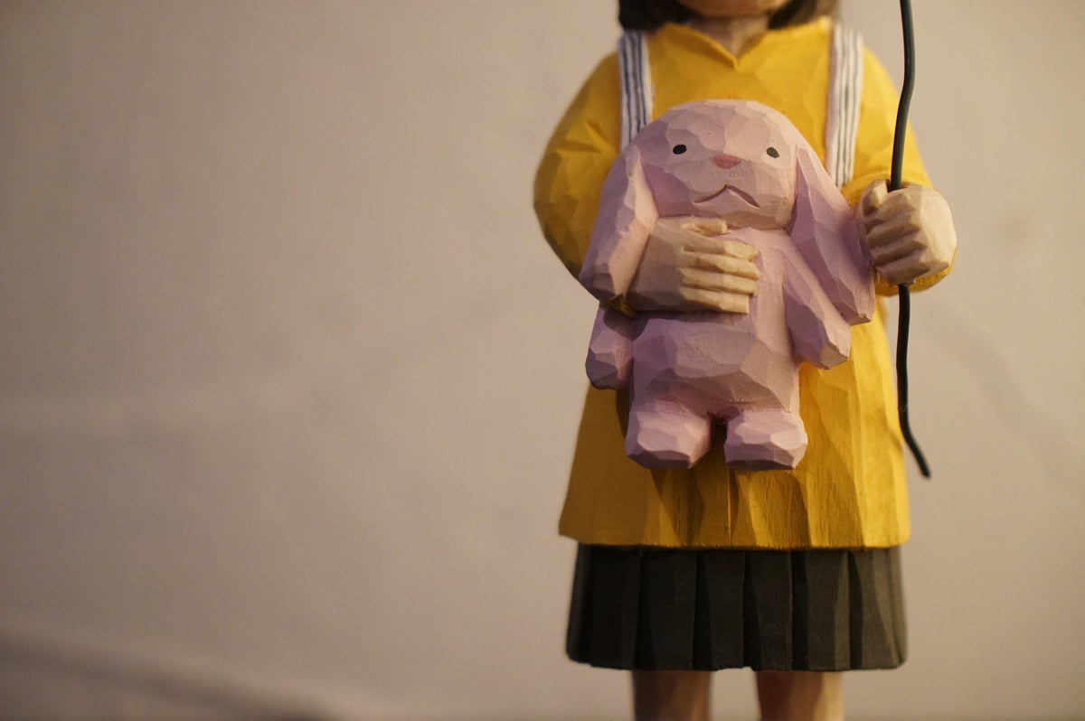 Hand-Carved Wooden Sculpture of Girl with Balloon, 14 cm
