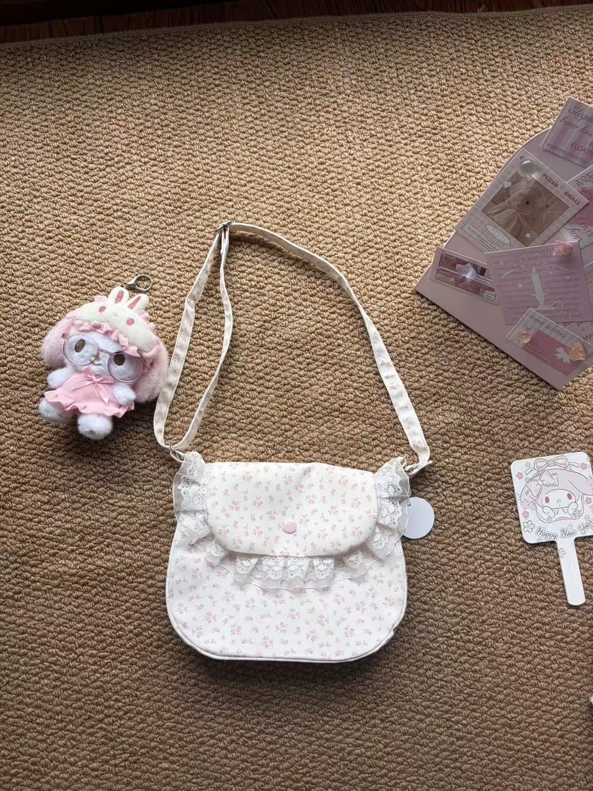Pink Floral Lace Trim Crossbody Bag