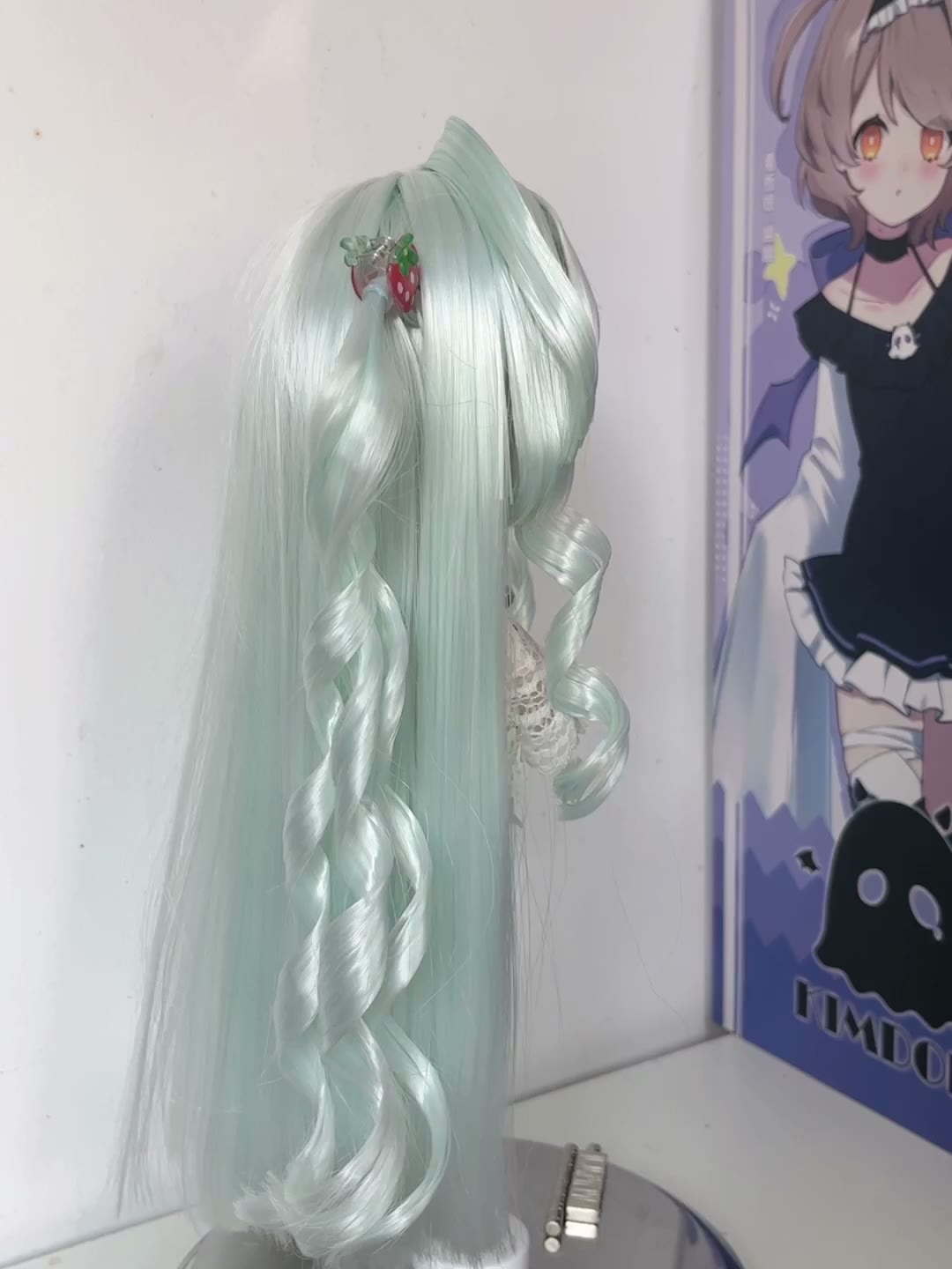 Doll Wig Mint Green with Curled Pigtails
