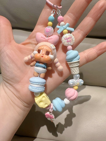 Pop Mart Crying Beach Baby Phone Strap Bag Charm Keychain with Macaron and Ice Cream Charms