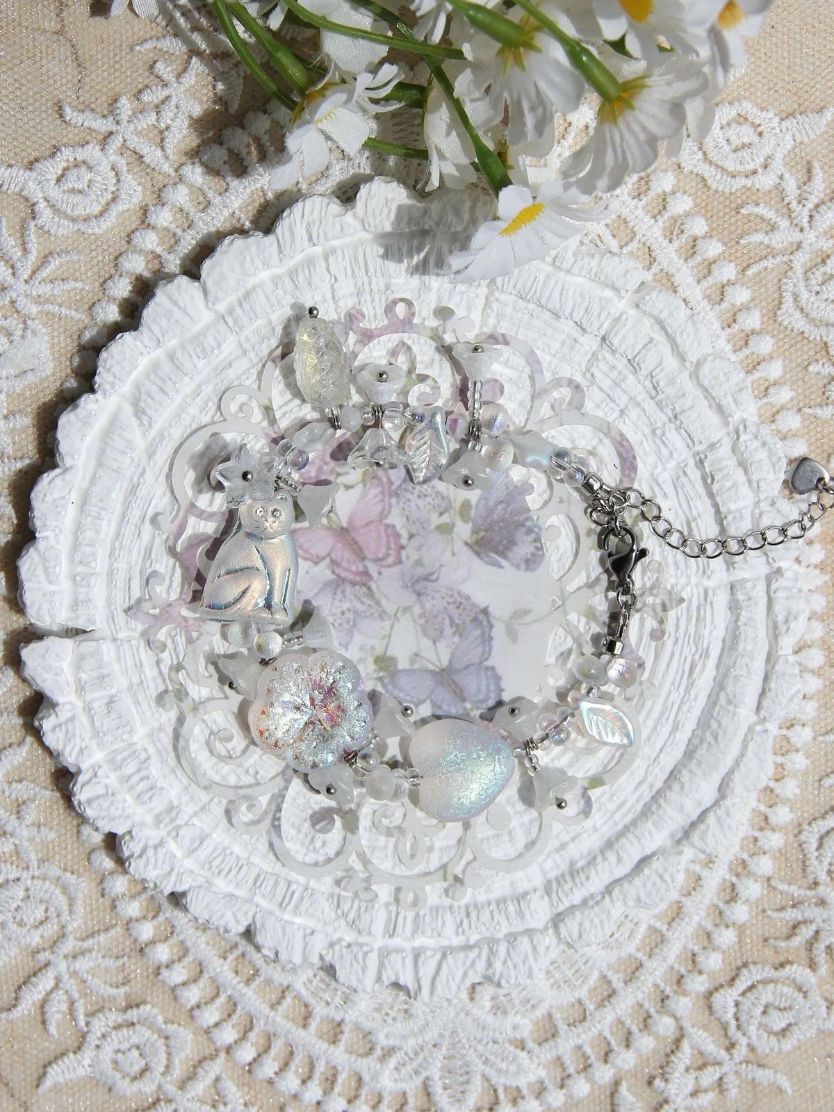 Czech Glass Cat Flower Charm Bracelet