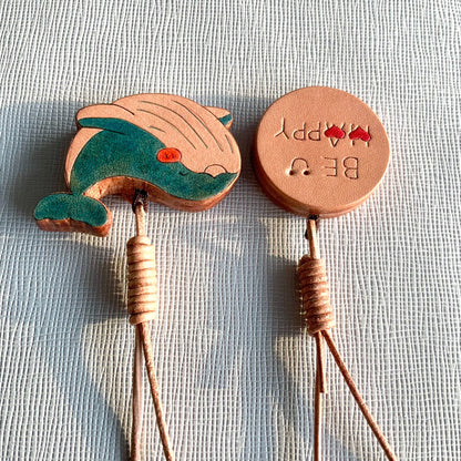 Handcrafted Leather Pendants: "BE HAPPY" Disc and Whale Charm