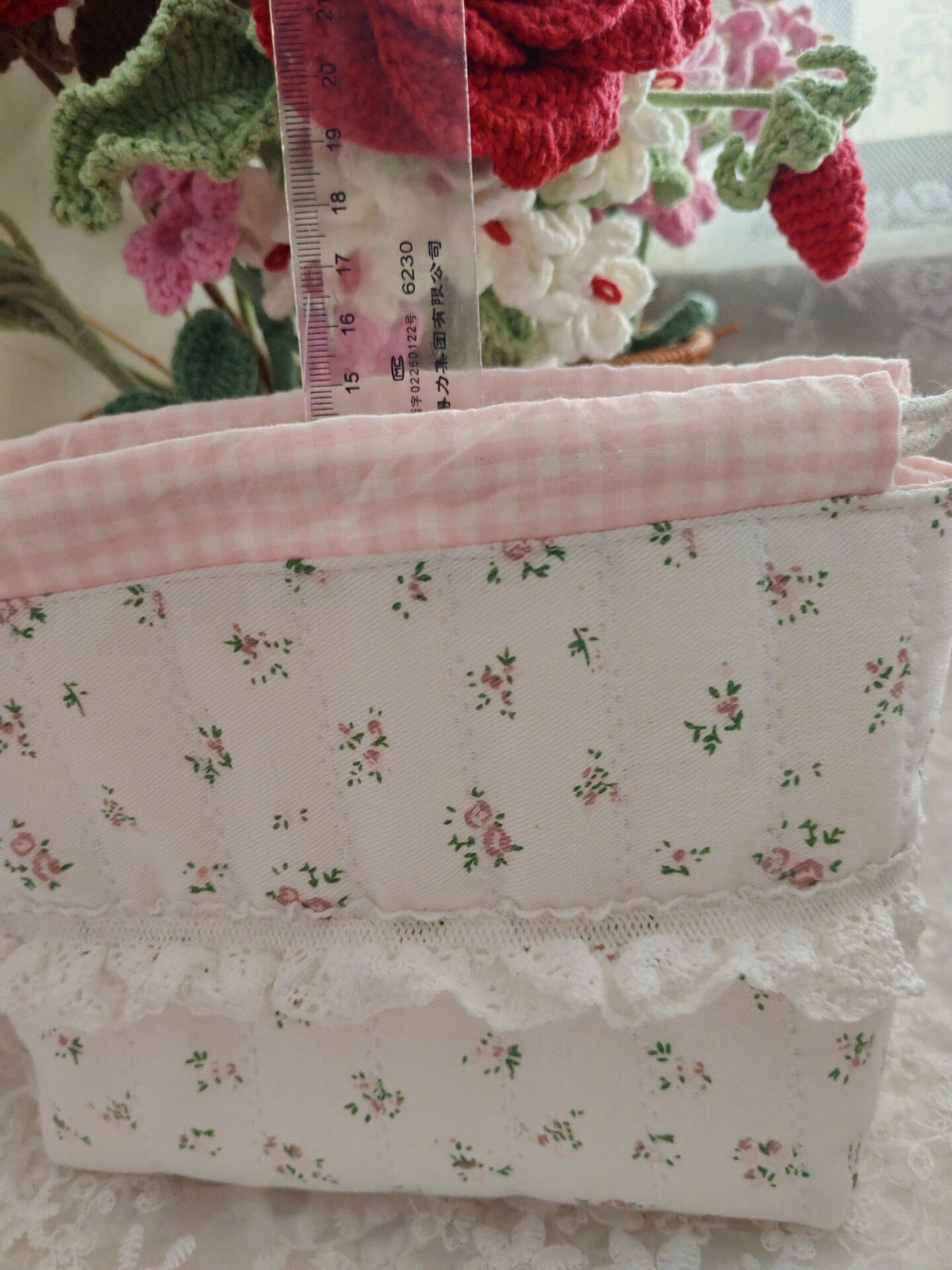 Handmade Drawstring Pouch Cotton Floral Lace