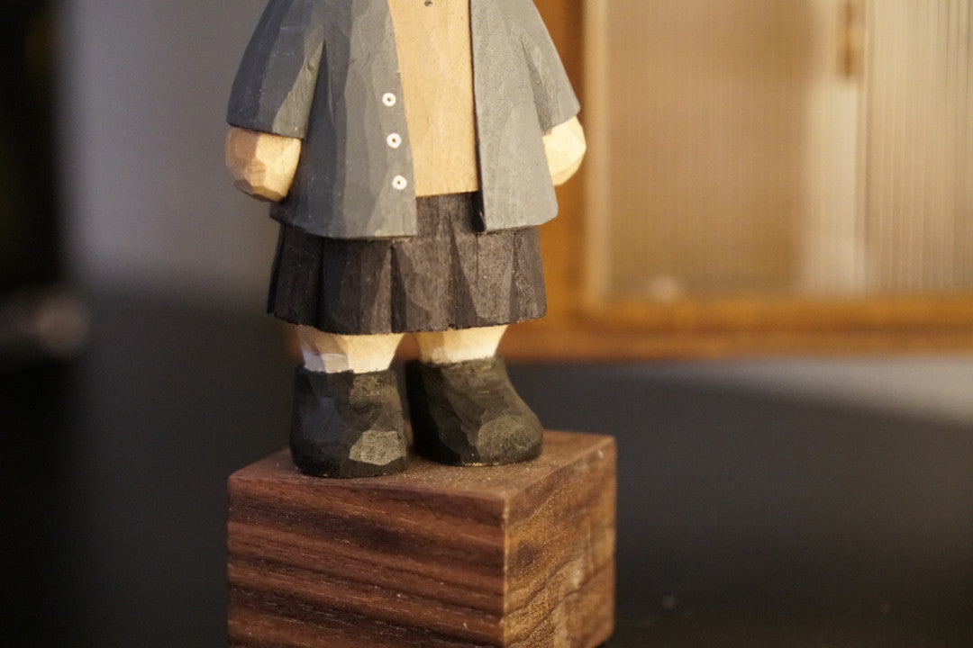Hand-Carved Paulownia Wood Rabbit Figurine in School Uniform, 9cm