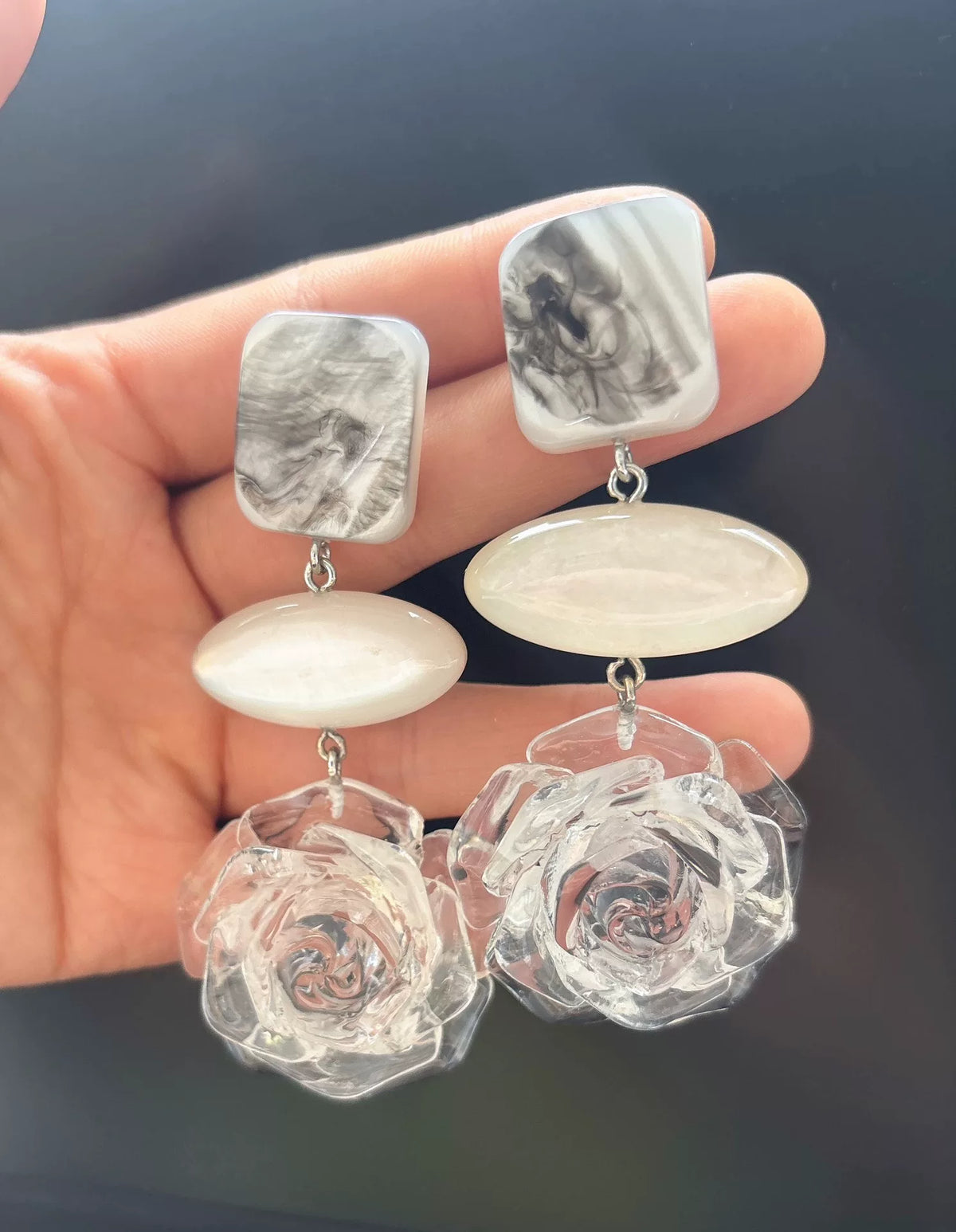 Resin Rose Square Oval Drop Earrings