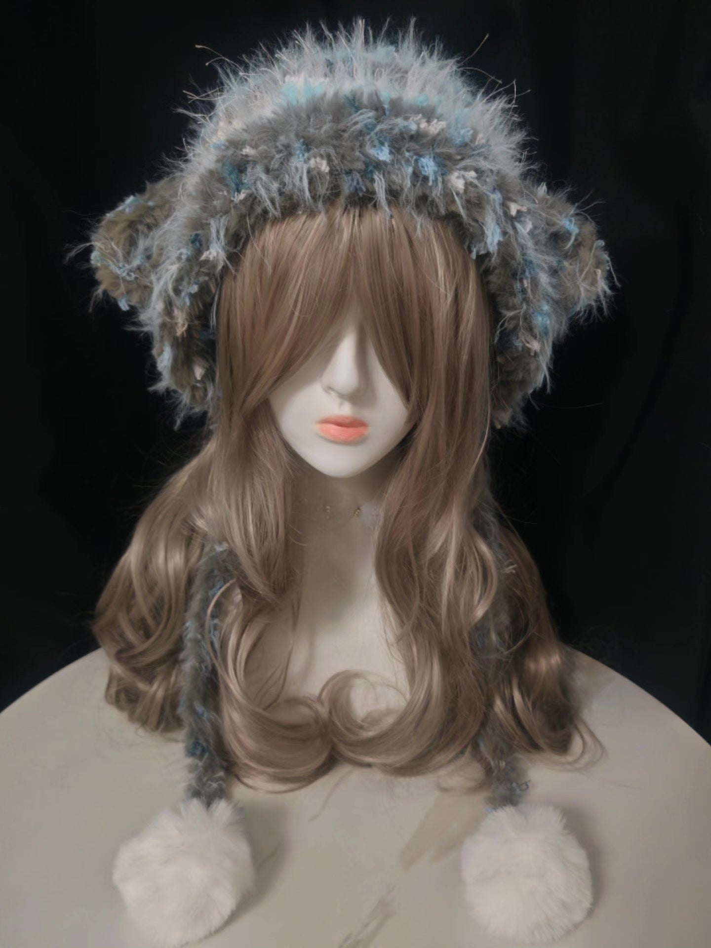 Gray-Blue Lamb Hat with Ear Flaps and Pom-Poms