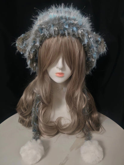 Gray-Blue Lamb Hat with Ear Flaps and Pom-Poms