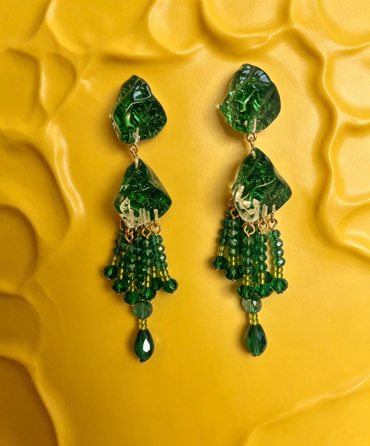 Emerald Green Glass Tassel Ear Clips