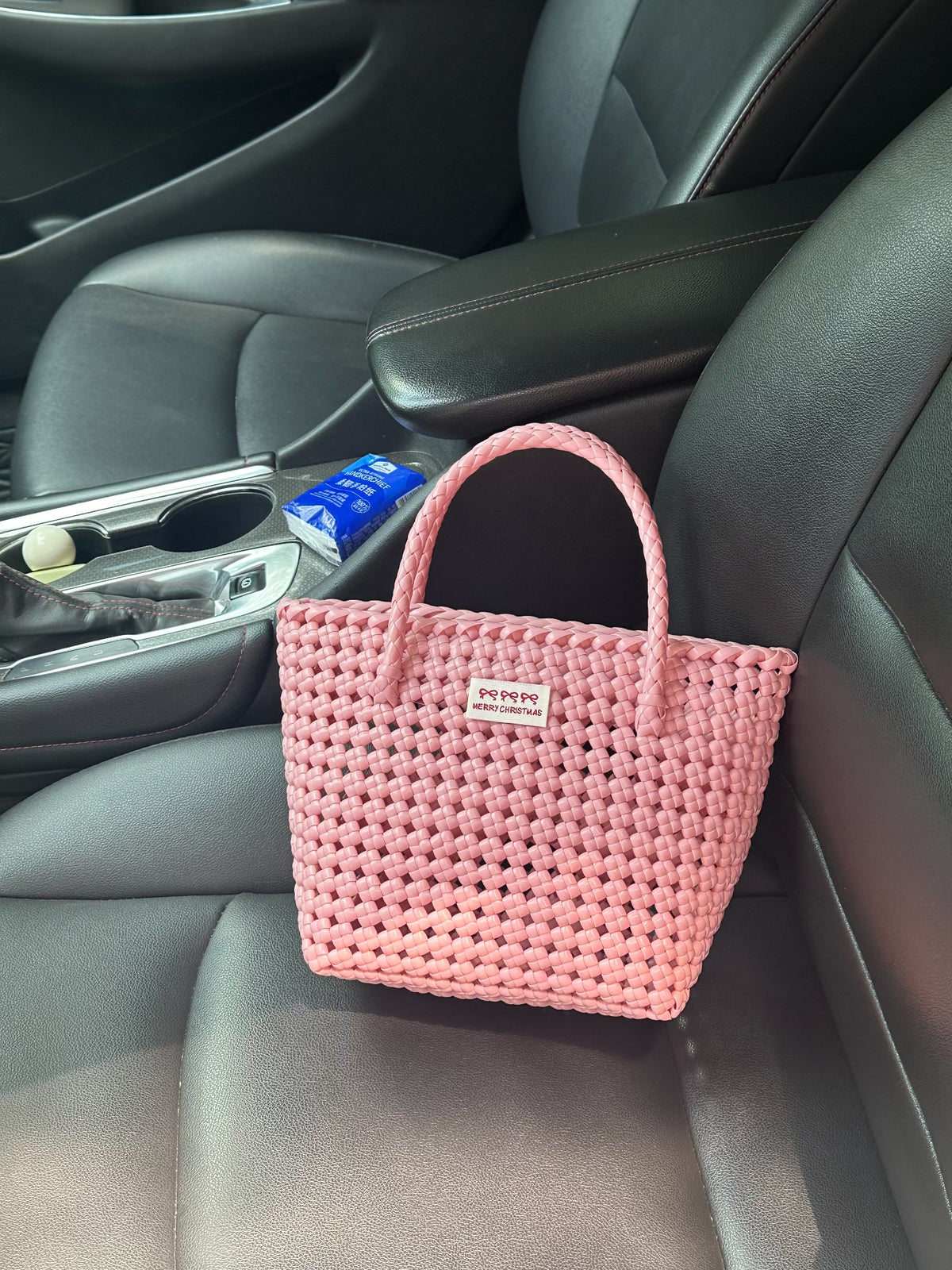 Rosane gewebte Tote Bag mit geflochtenen Griffen