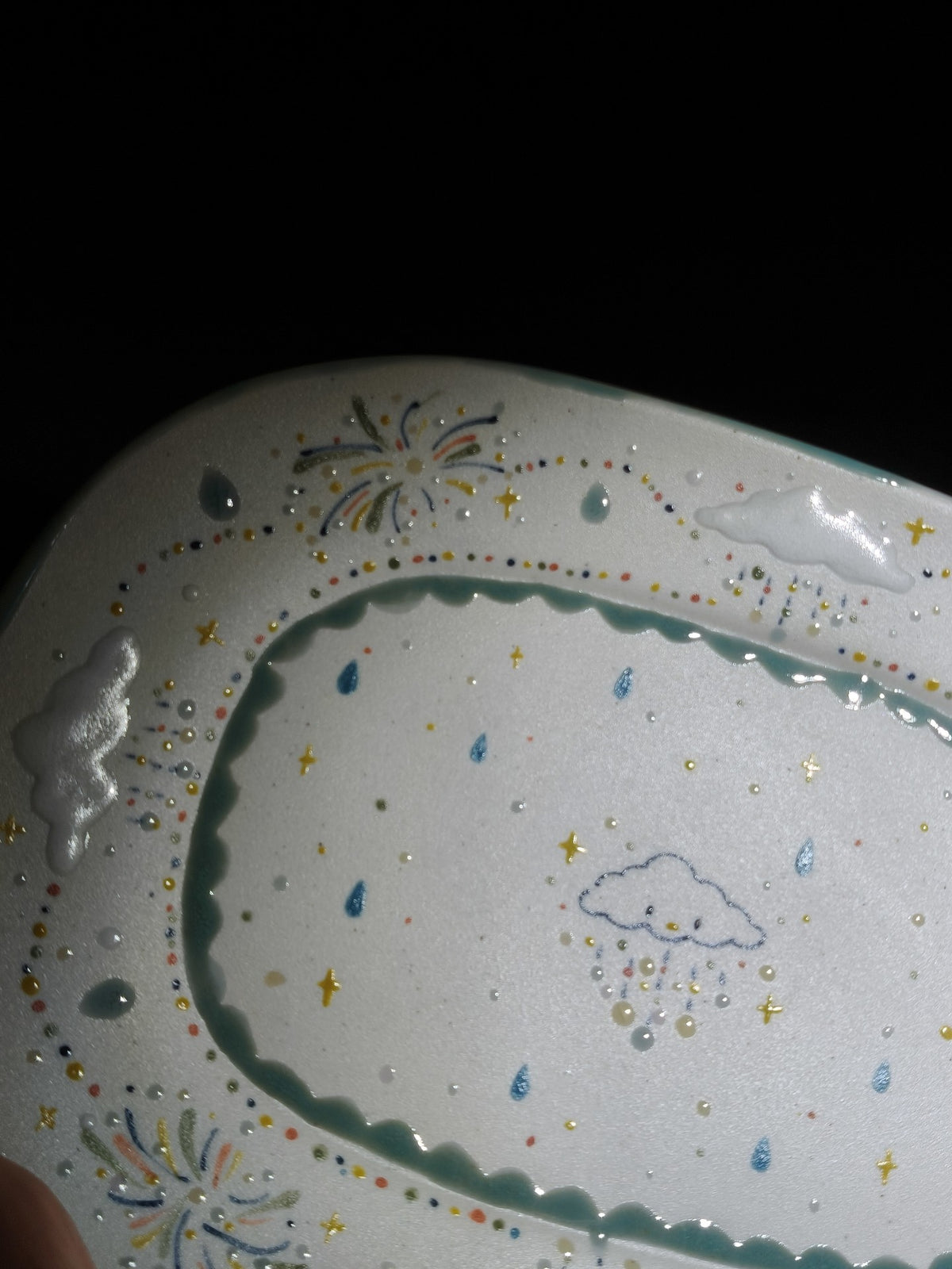 Handpainted Underglaze Cloud Fireworks Oval Ceramic Plate