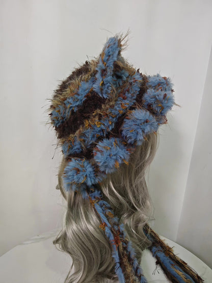 Brown-Blue Fox Hat with Ear Flaps