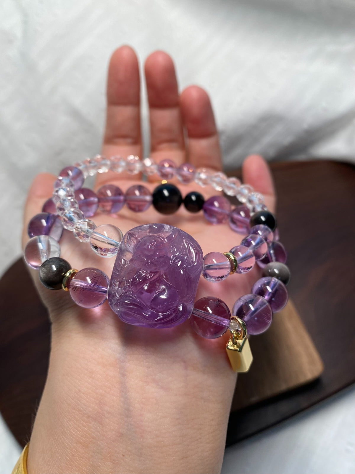Amethyst Fox Charm Multi-Strand Beaded Bracelet