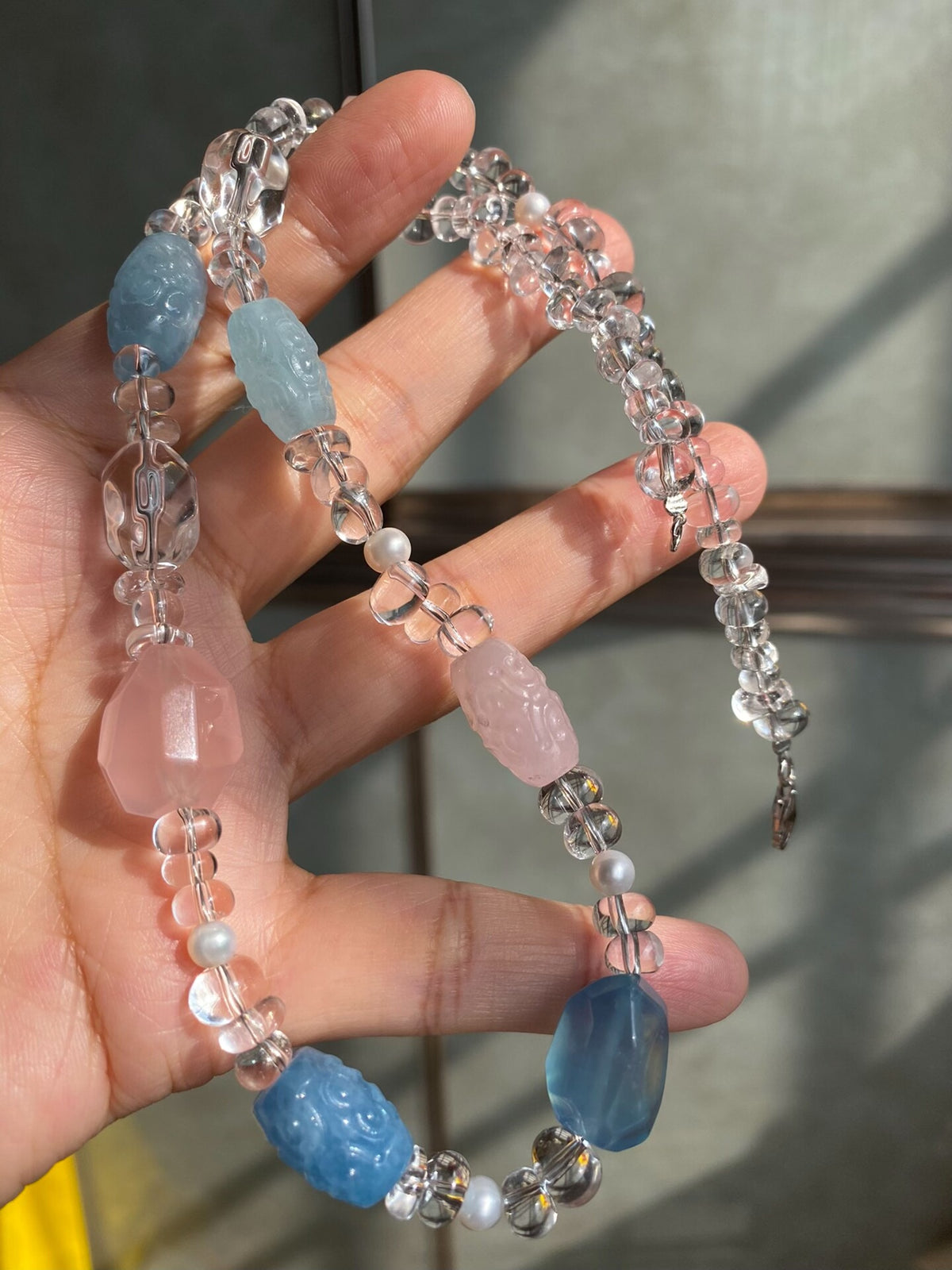 Colar de Cristal, Água-Marinha, Morganite e Pérolas