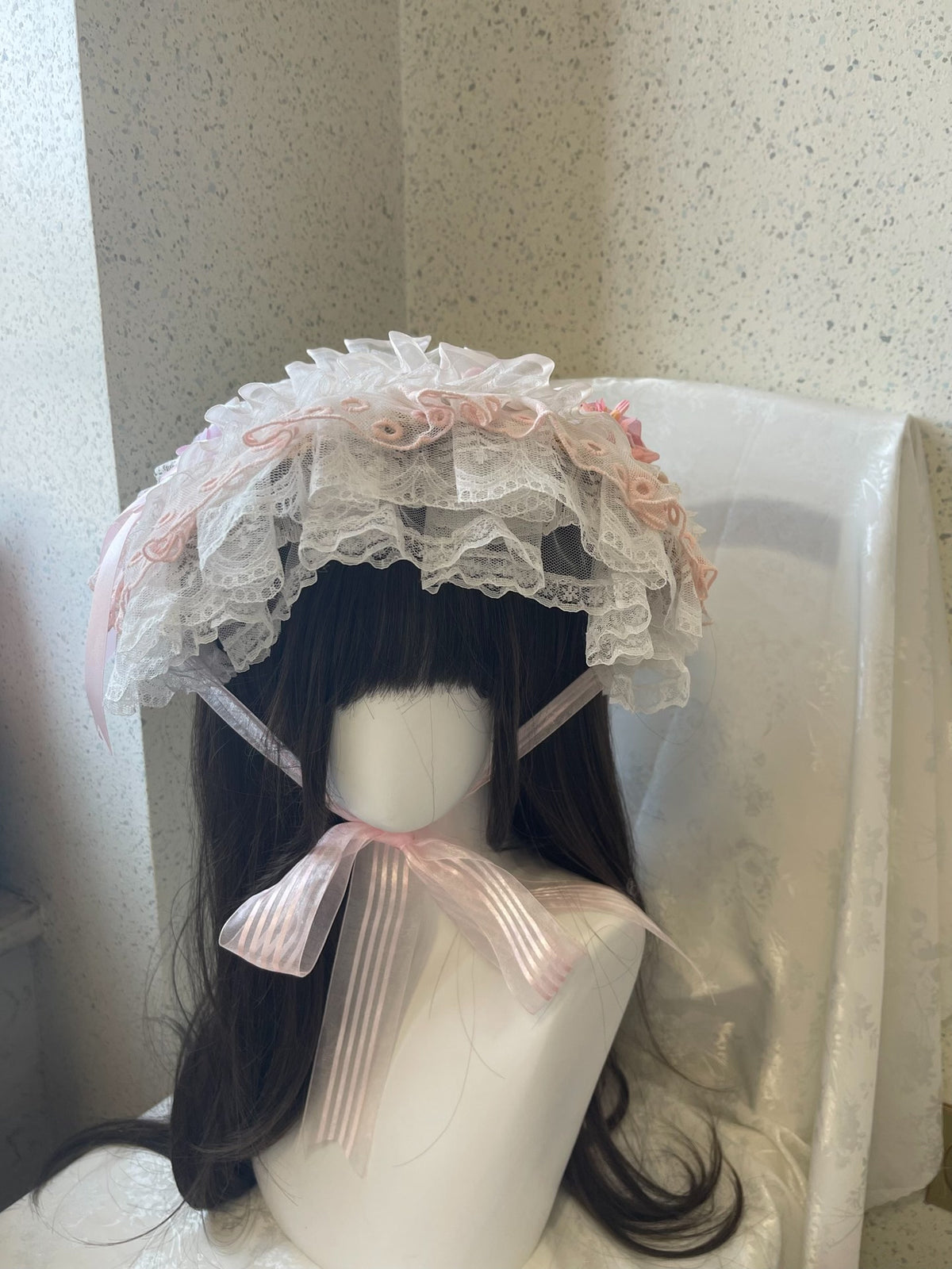 Lolita Pink White Lace Bonnet Hat