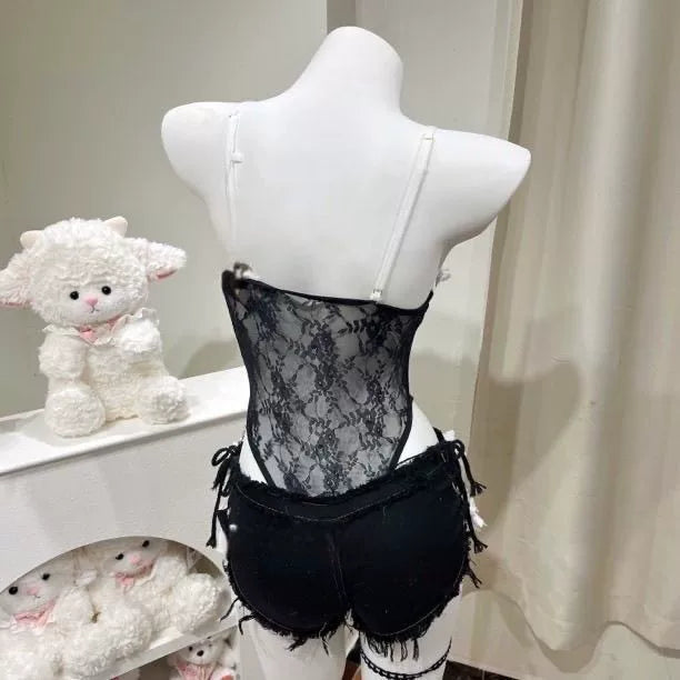 Black White Lace Cami Shorts Set