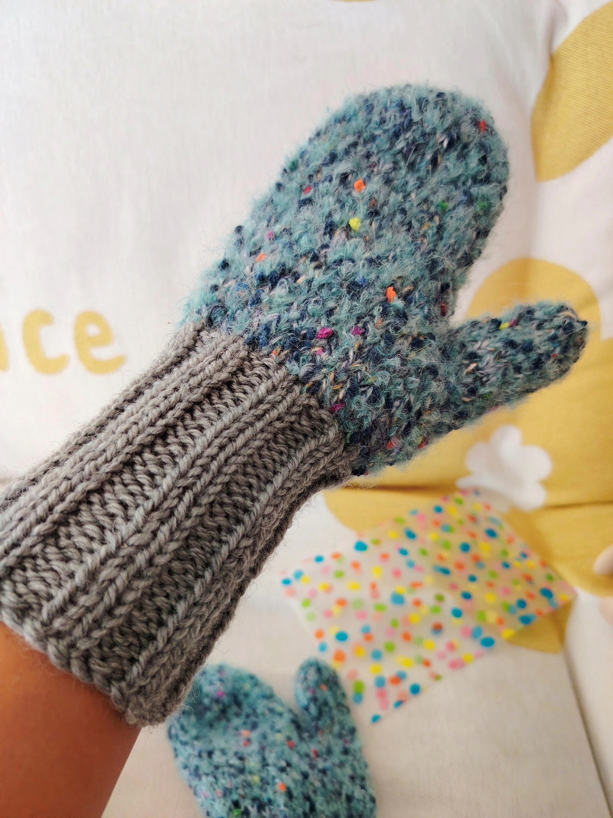 Handgestrickte Woll-Fächuhe meliertert Teal