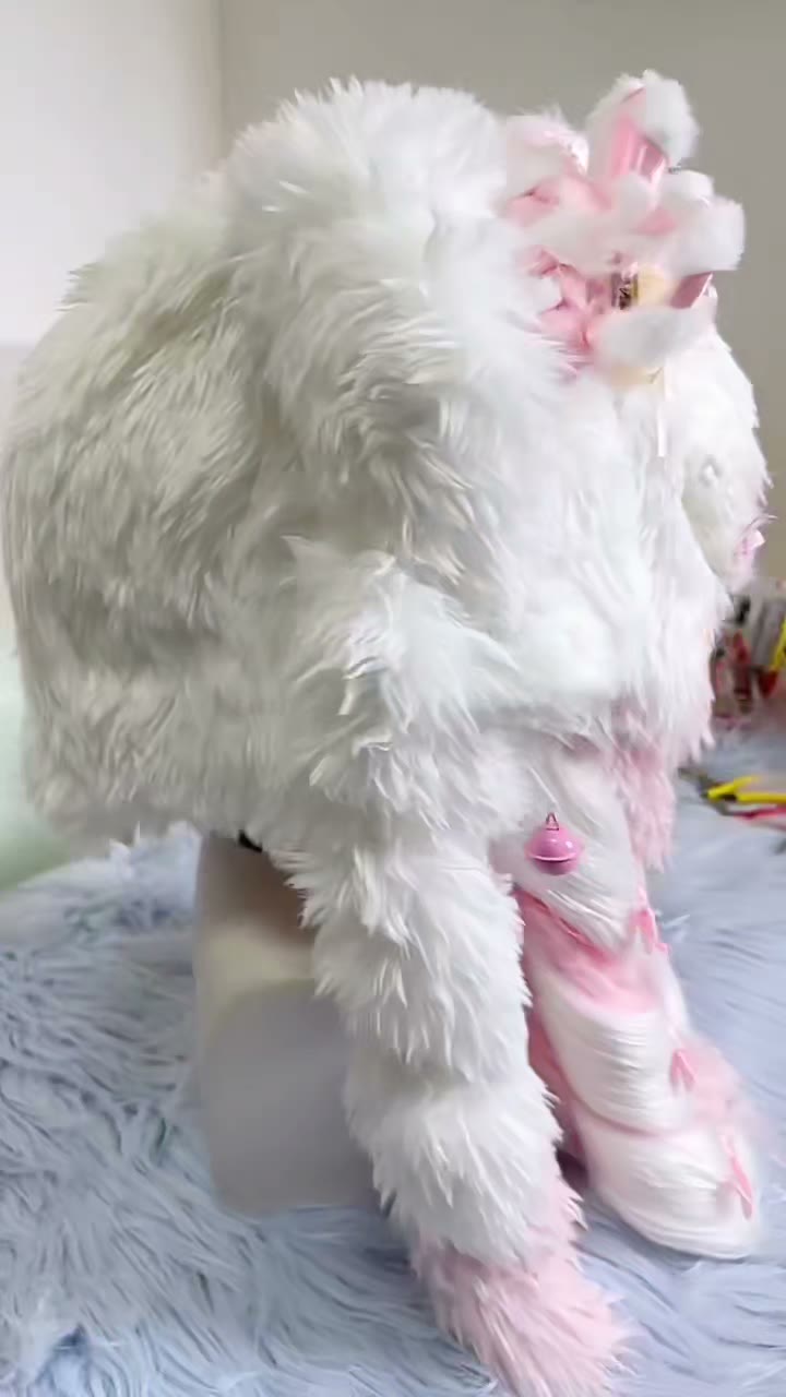 White Pink Faux Fur Fursuit Head