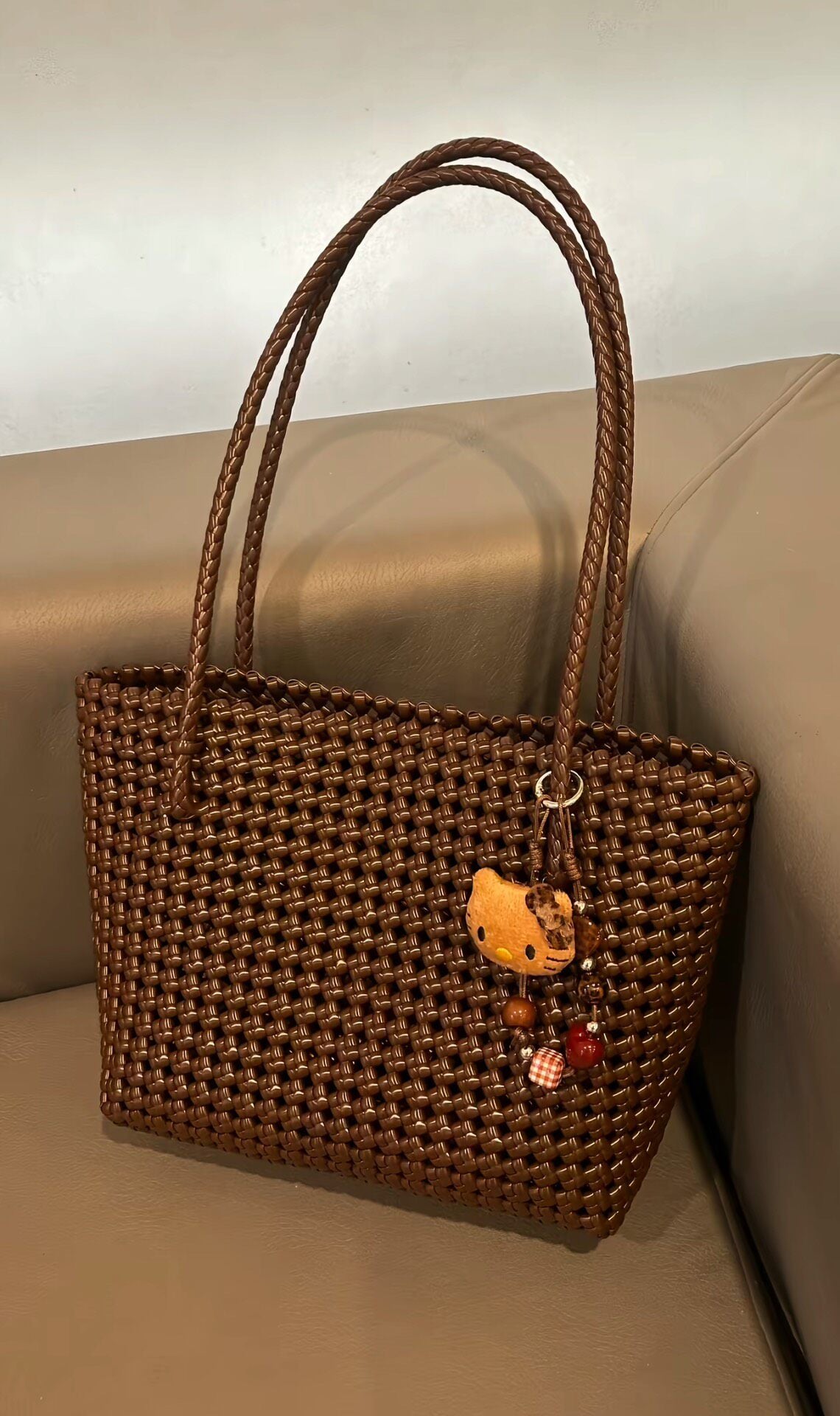 Handwoven Rattan Tote Bag Dark Brown