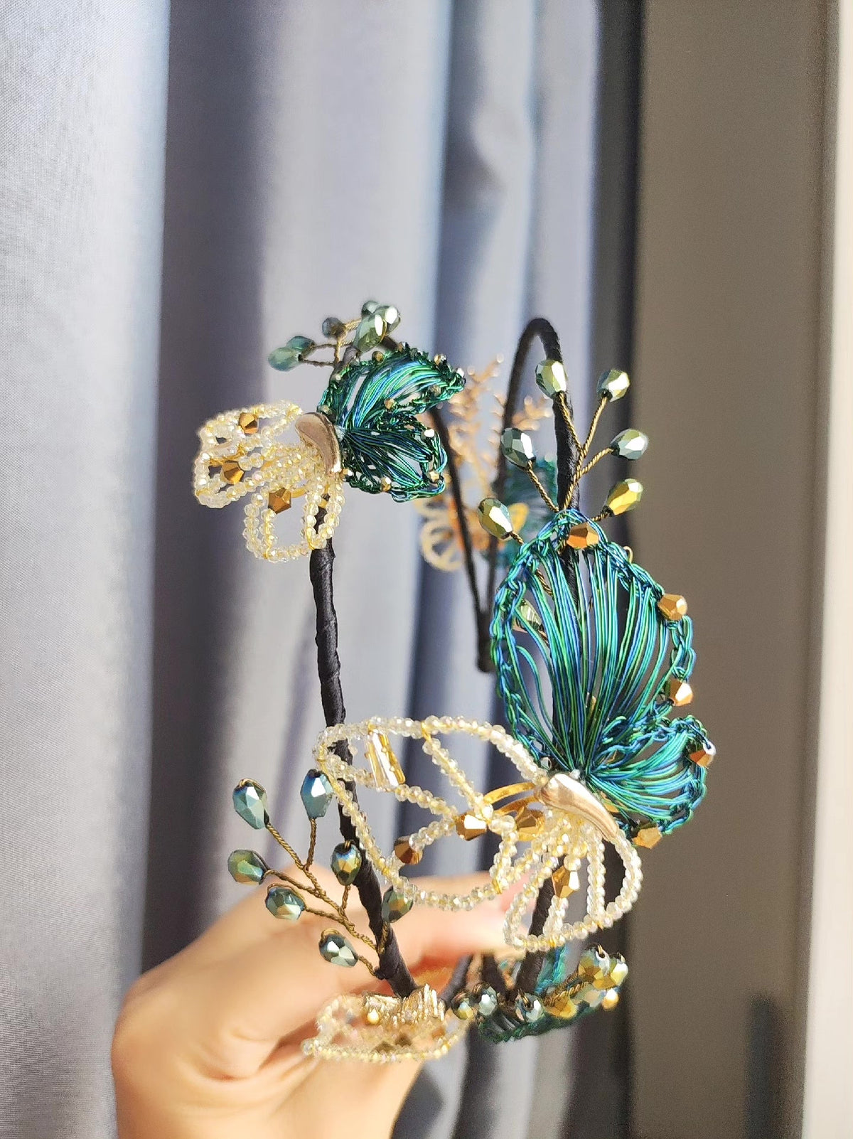 Double-Rod Headband with Butterfly Bead Decor