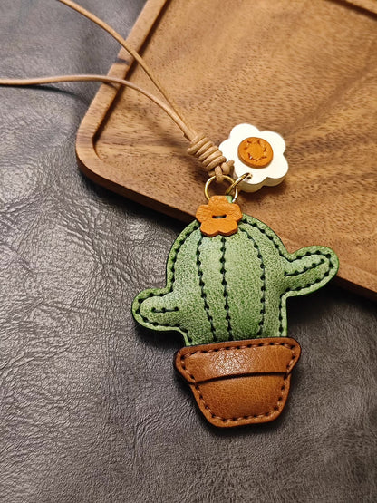 Handcrafted Cactus Leather Keychain with Flower Charms