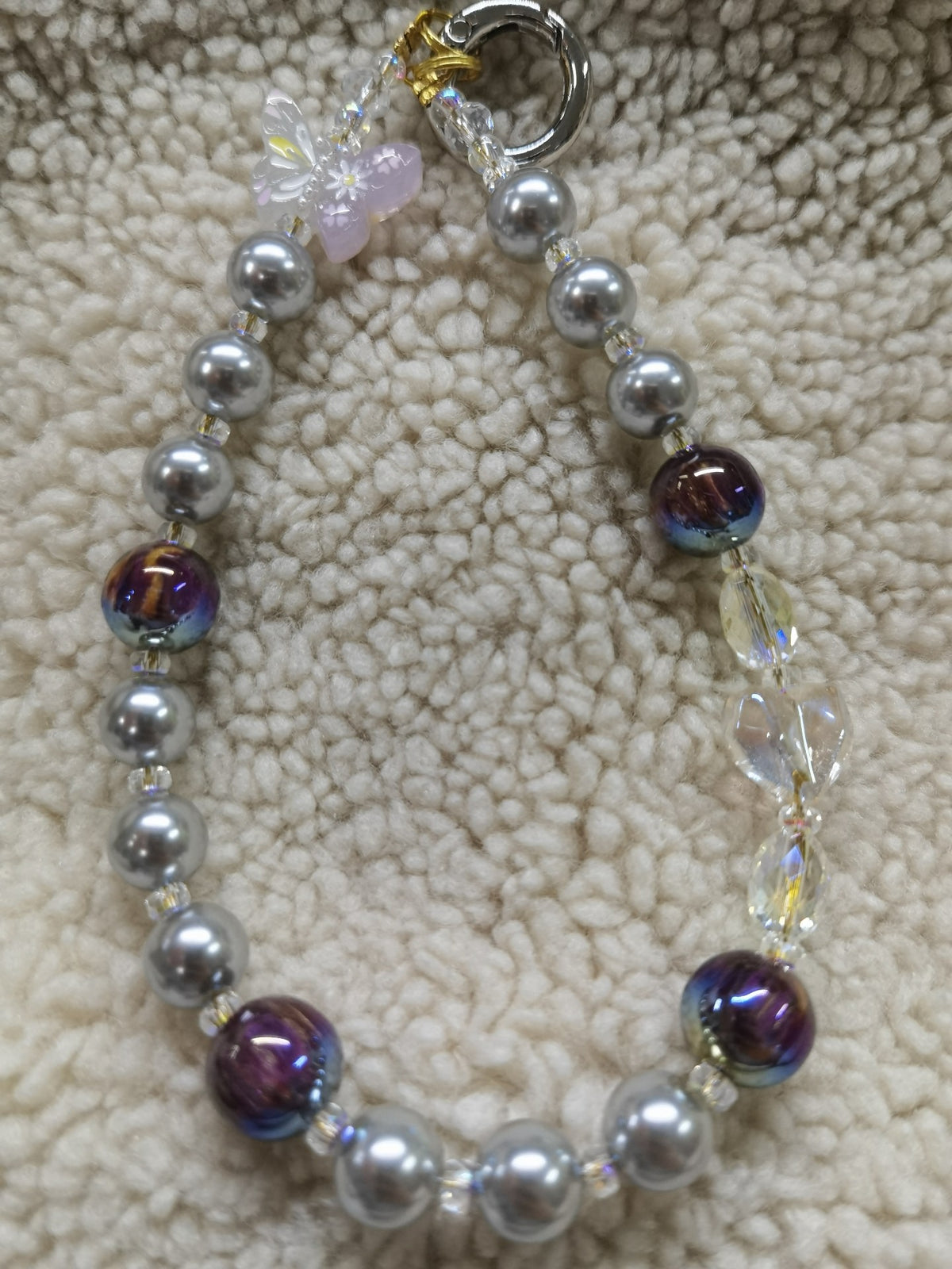 Silver Grey Pearl Iridescent Glass Phone Strap