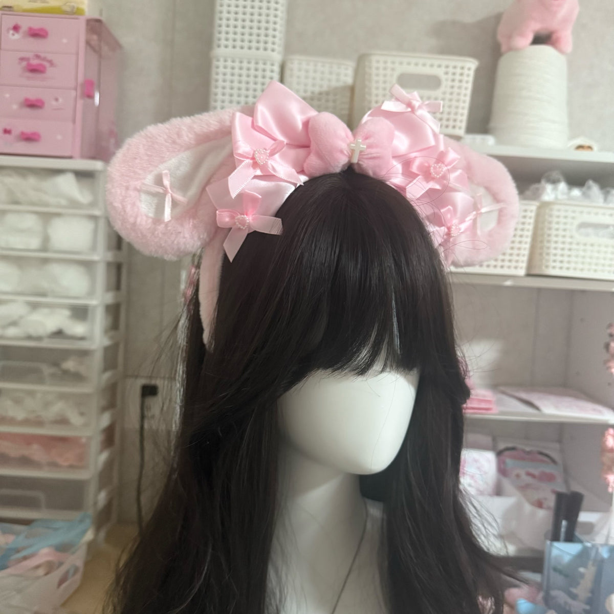 Pink Plush Bunny Ear Bow Headband