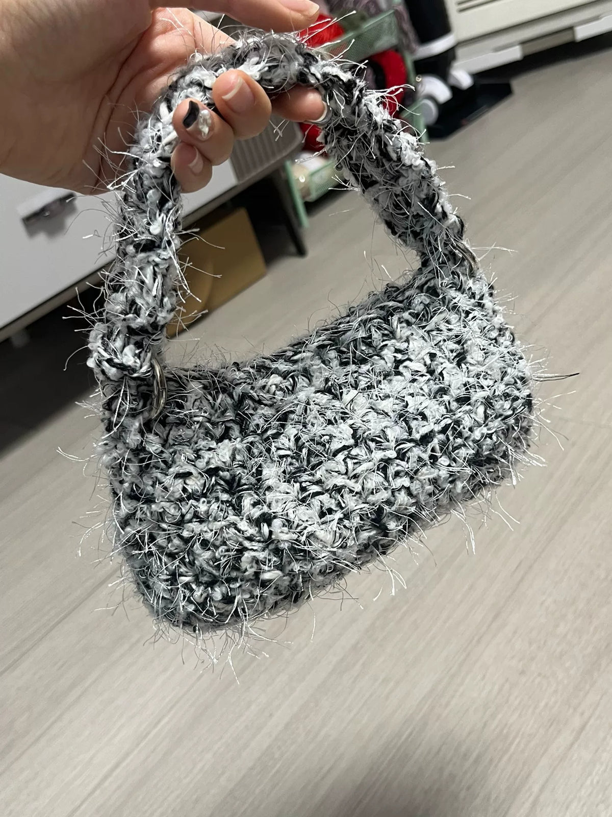 Mixed Yarn Handbag with Arched Handle