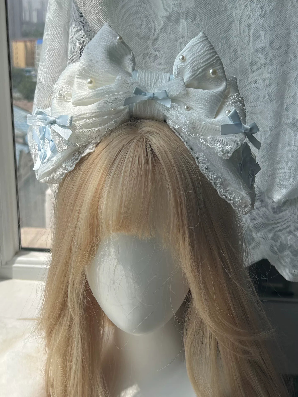 Diadema KC Lolita de encaje de tres capas azul y blanco