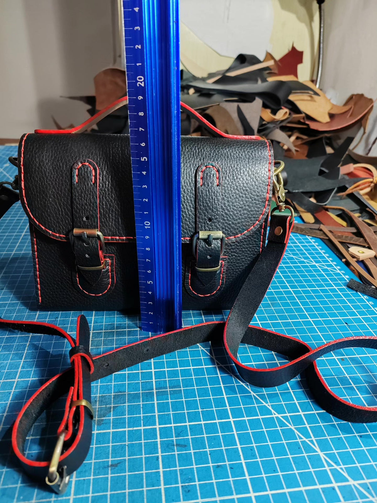 Handmade Black Leather Briefcase Shoulder Bag Red Stitching