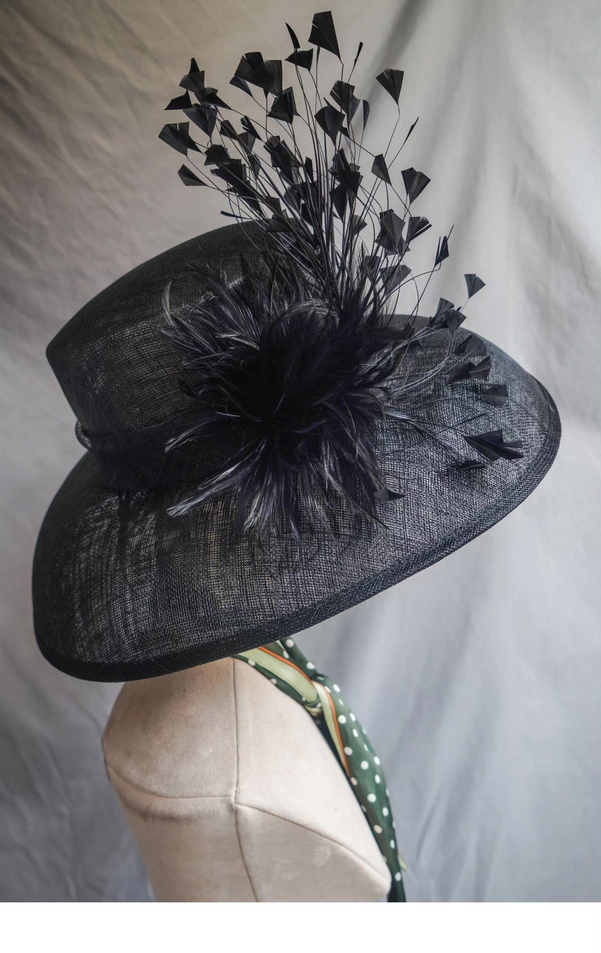 Black Linen Hepburn Sun Hat with Feather Trim