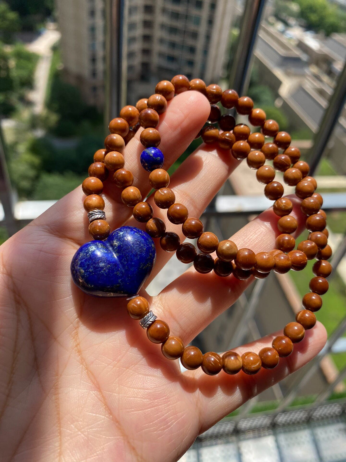 Three-Wrap Stone Bracelet with Lapis Heart Pendant