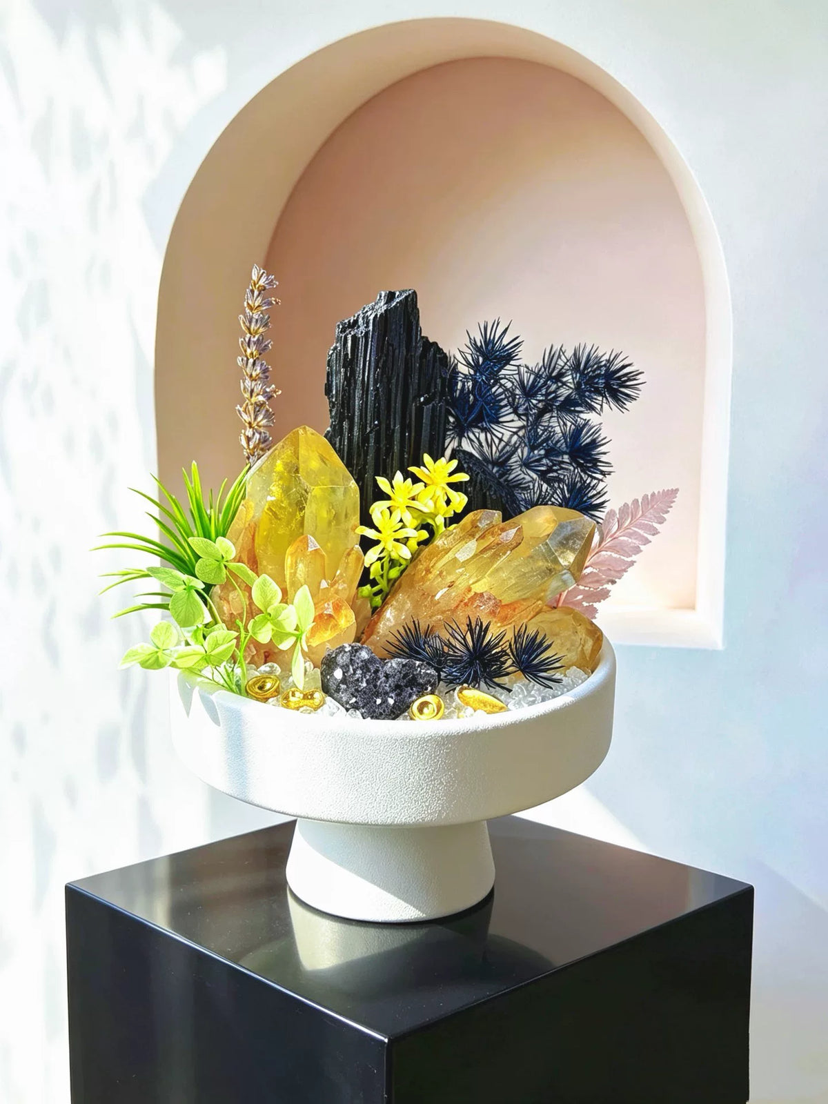 Black Tourmaline Citrine Crystal Bonsai Pot