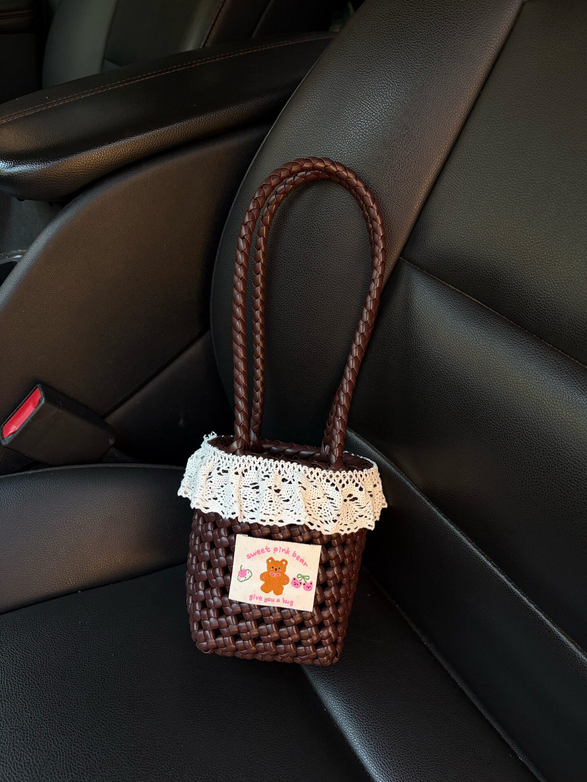 ハンドメイド 編みトートバッグ 三つ編みハンドル付き