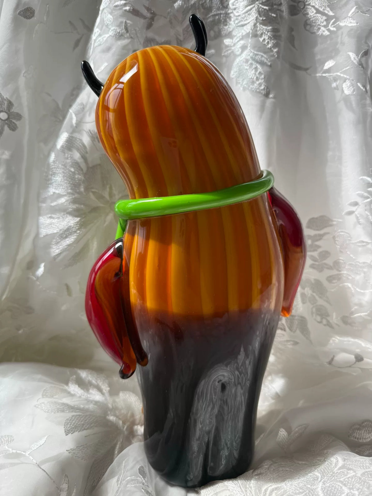 Liuli Glass Owl Figurine with Green Scarf