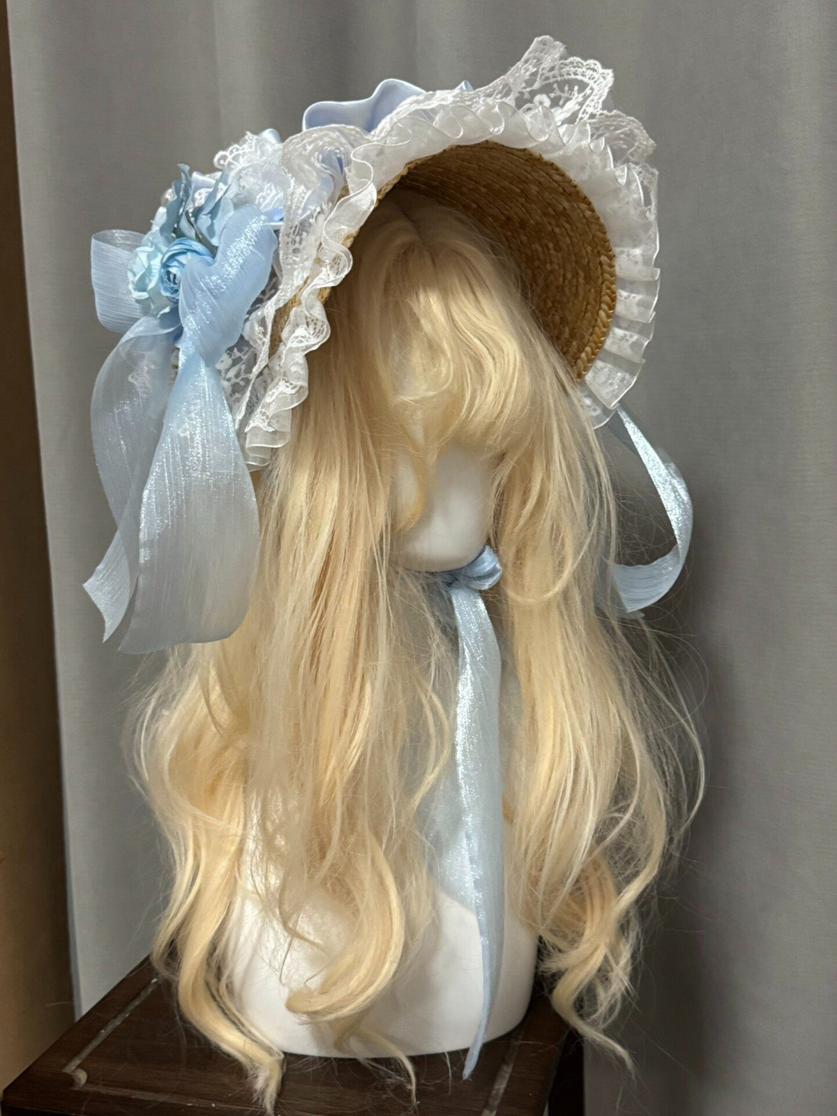 Handcrafted Blue Lace Bonnet Straw Hat