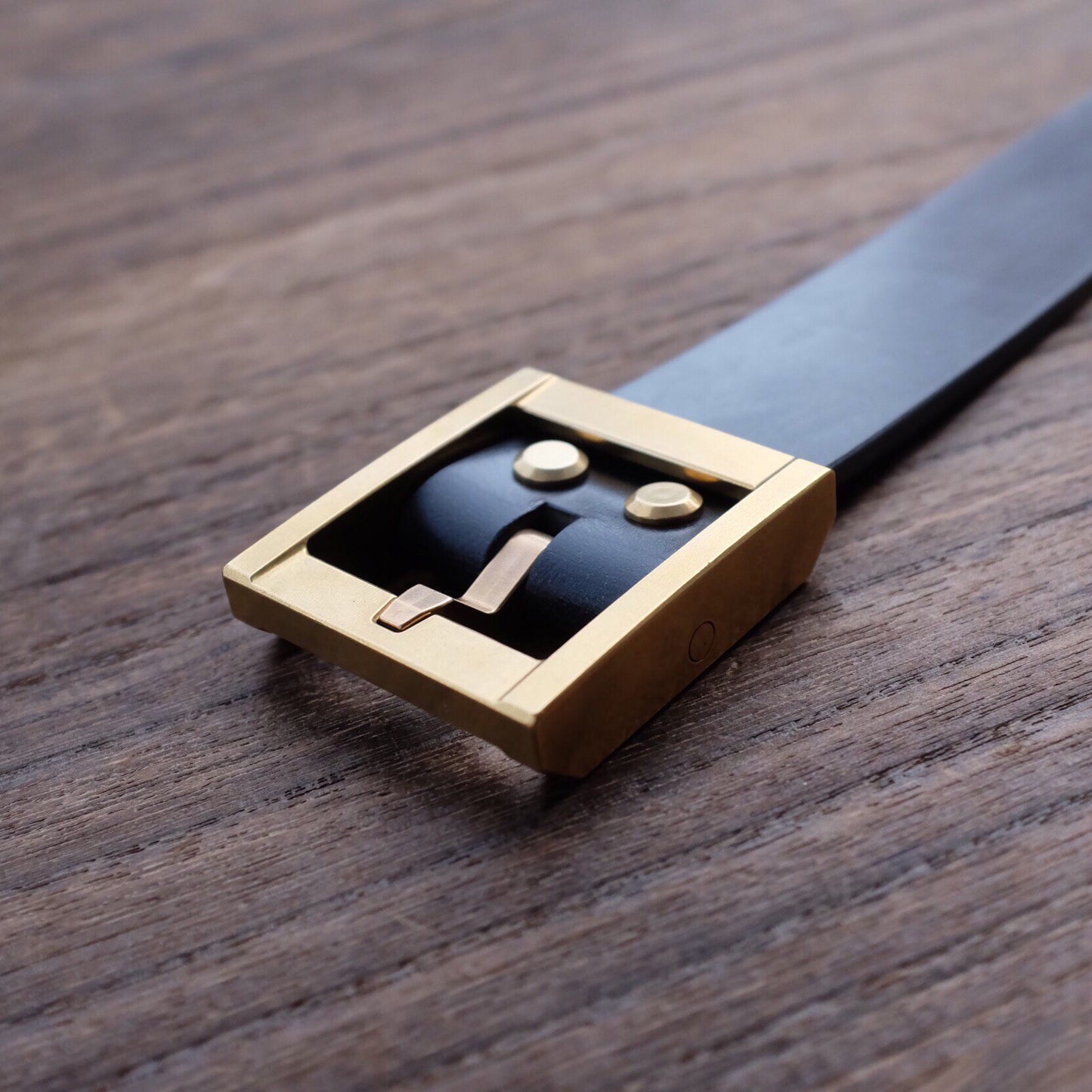 Black Leather Belt with Brass Buckle and Engraved Logo