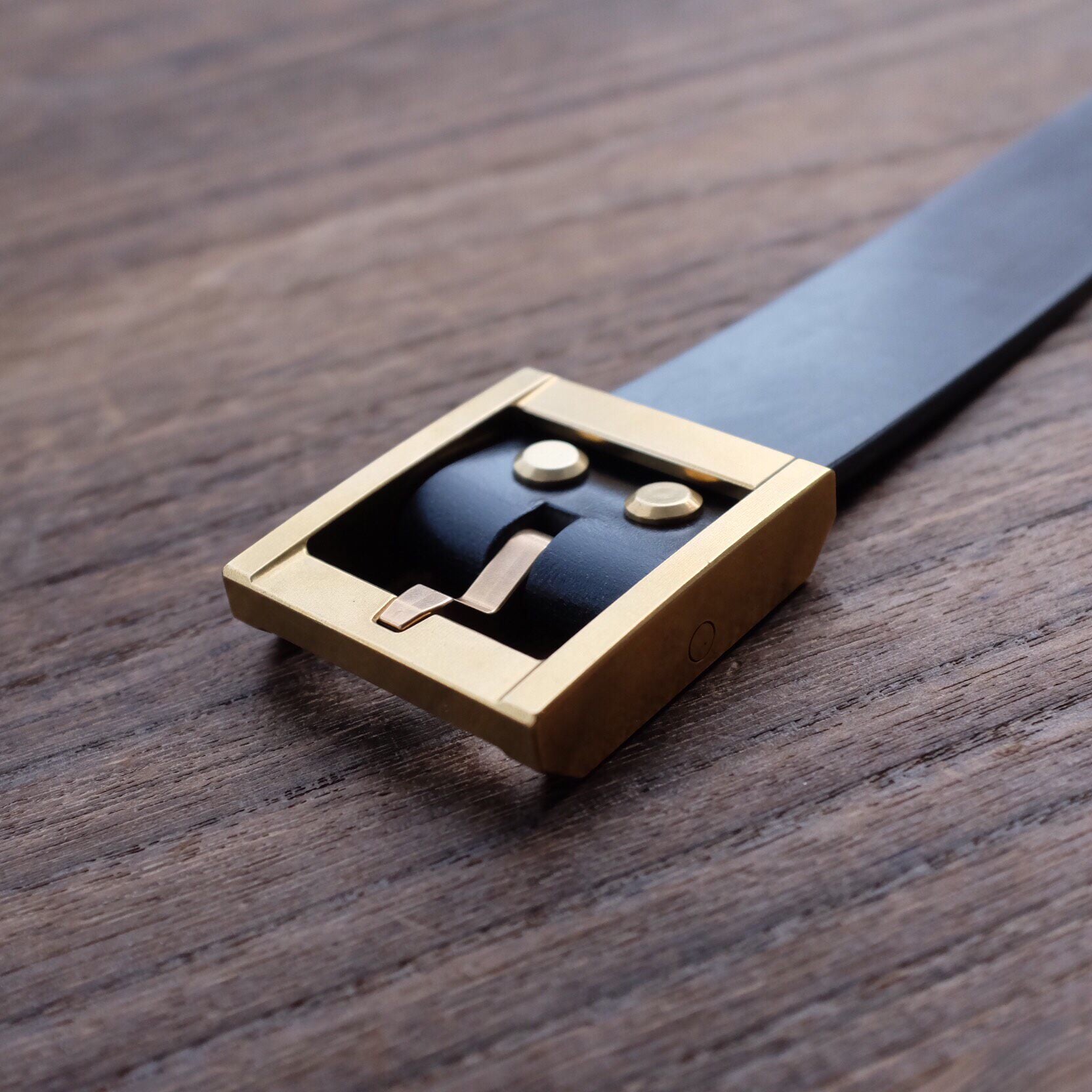 Black Leather Belt with Brass Buckle and Engraved Logo