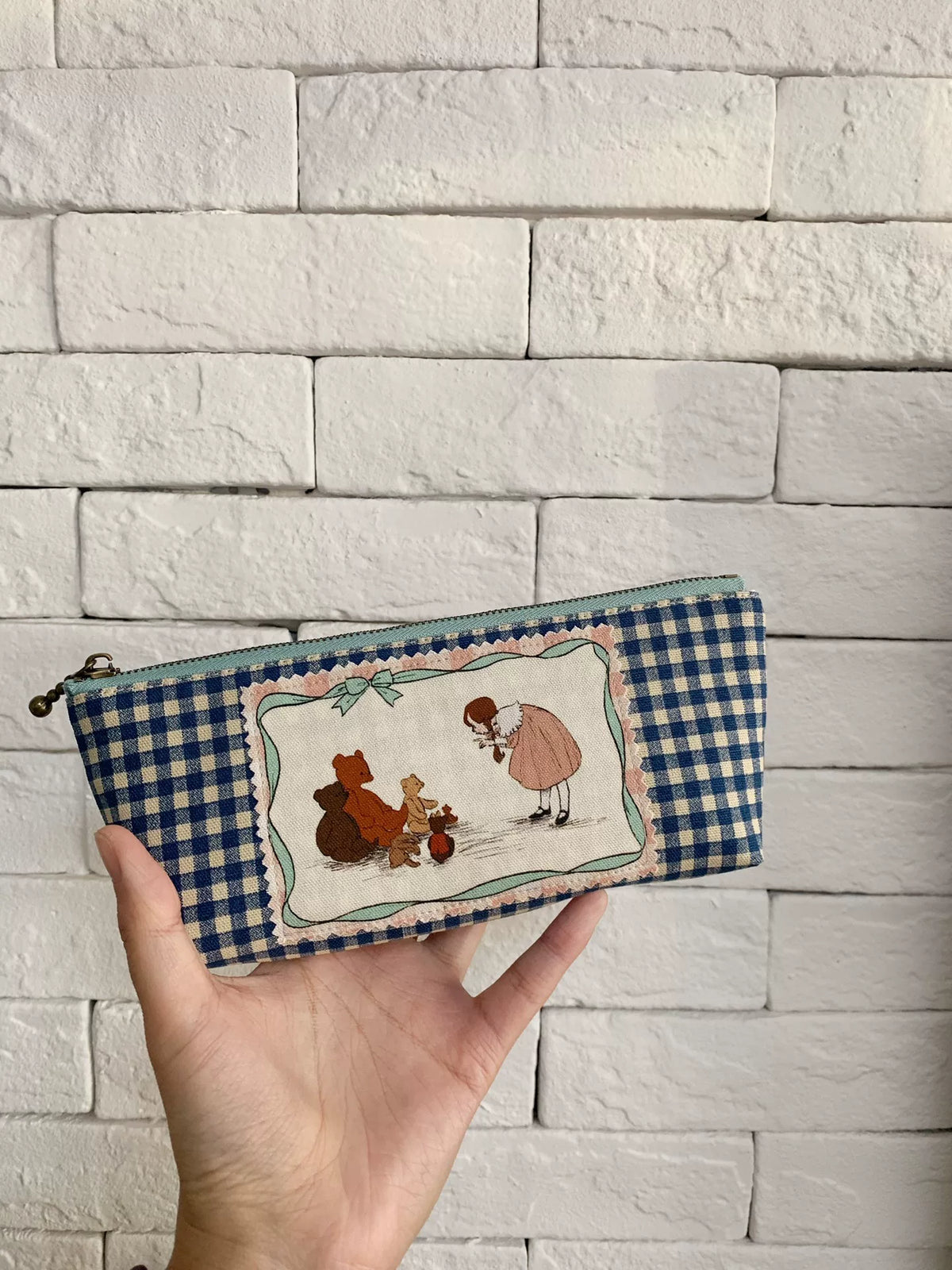 Trousse à crayons et pochette de rangement en coton vichy faite main