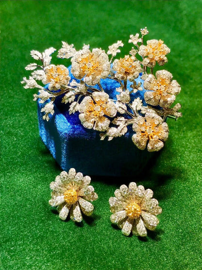 18K Two-Tone Gold Floral Brooch and Earrings Set with Pavé Clear Gemstones
