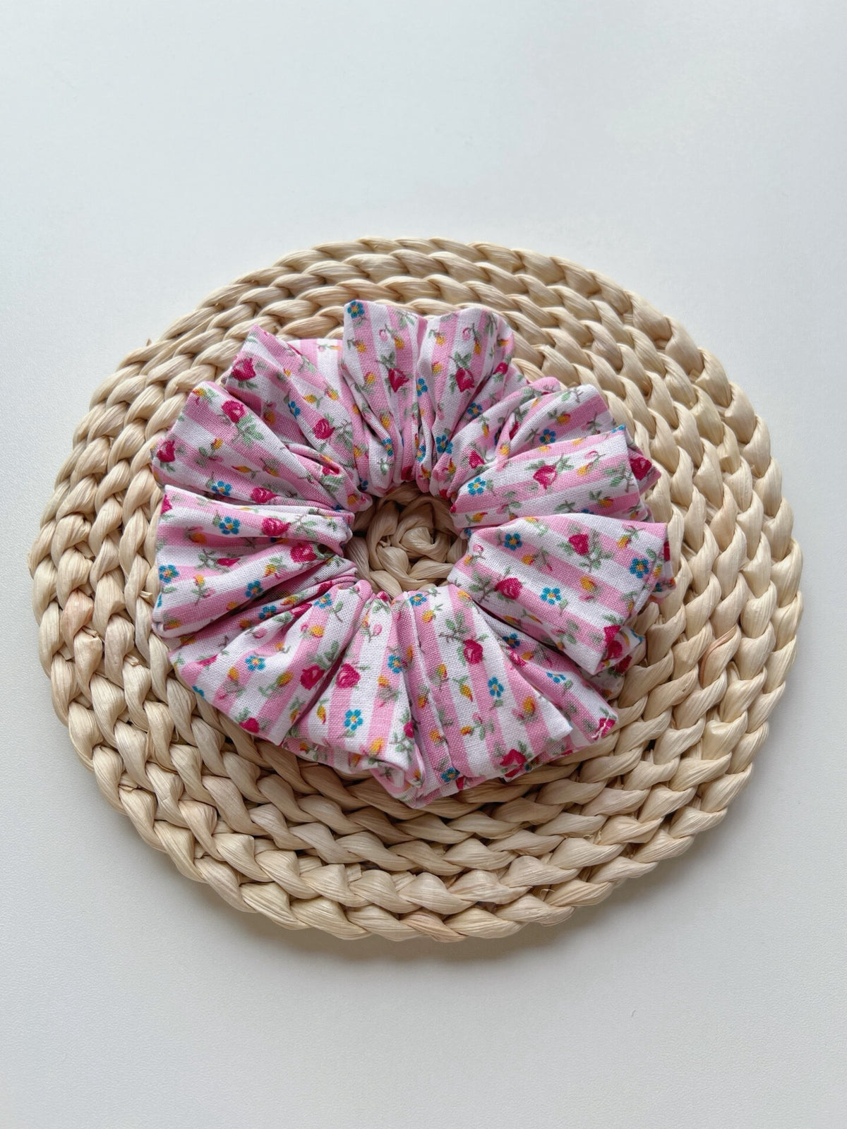 Pink Rose Stripe Floral Hair Scrunchie