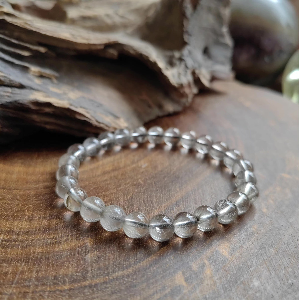 Pulseira de Contas de Quartzo Rutilado Natural Prata 6,8mm
