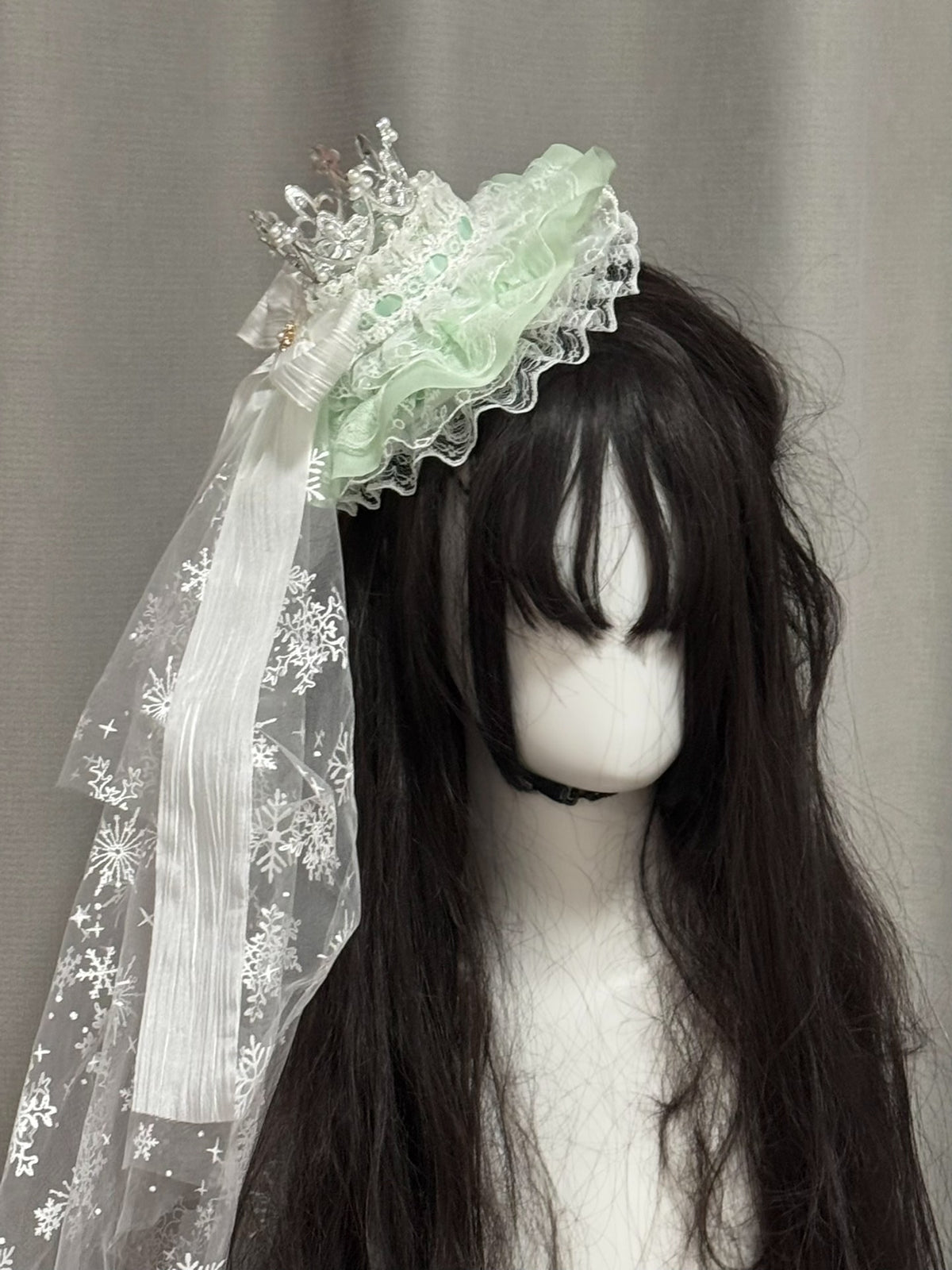 Green Bridal Bonnet with Snowflake Veil